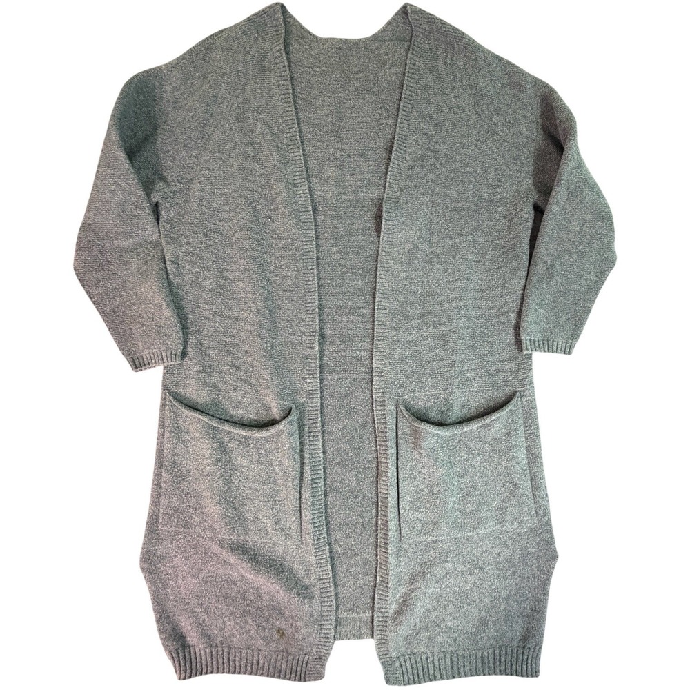 Long Grey Open Front Knit Cardigan Sweater With Pockets Made In Italy